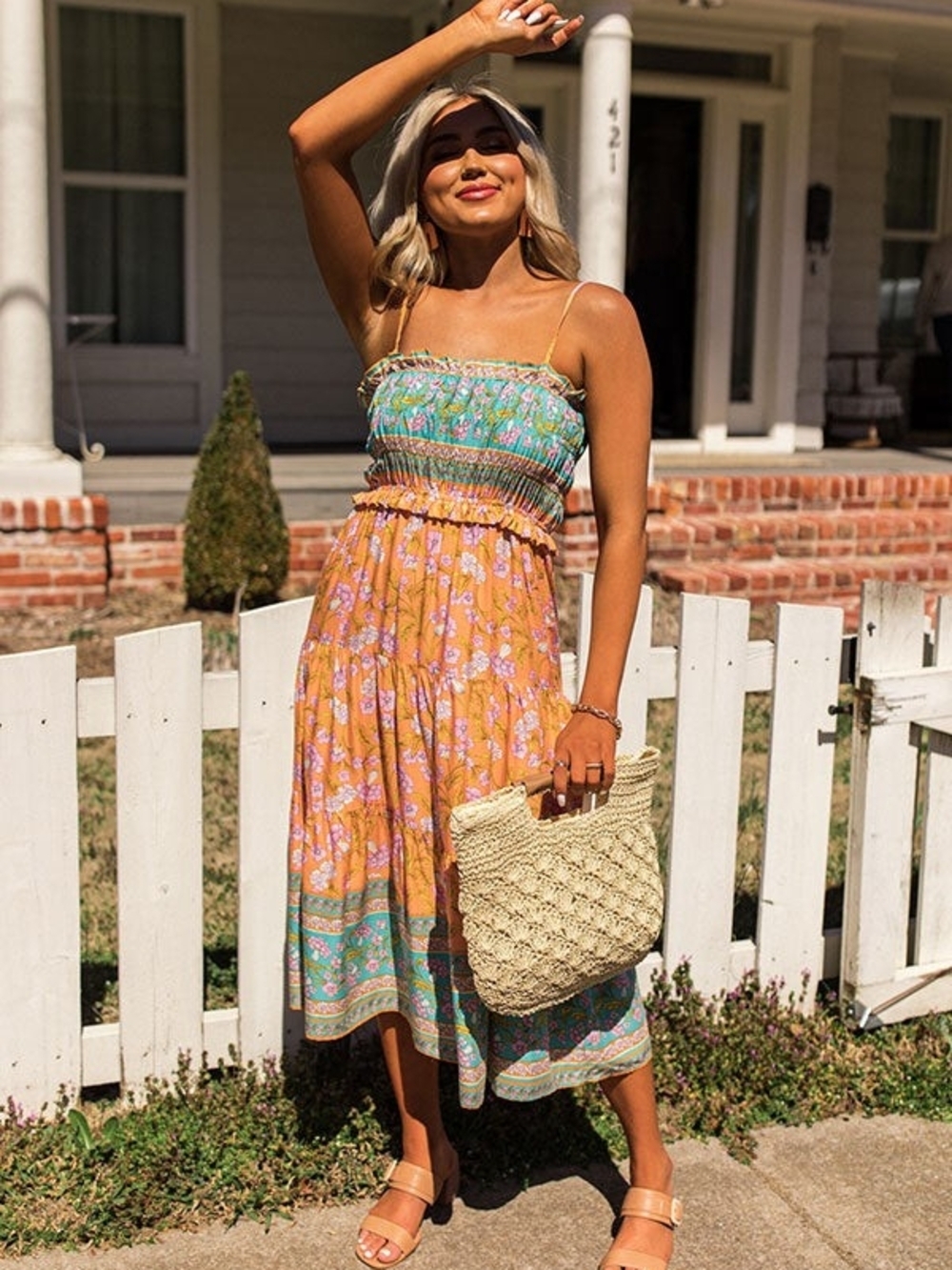 Entro Peach Floral Midi Dress | Smocked Bodice Adjustable Straps XS